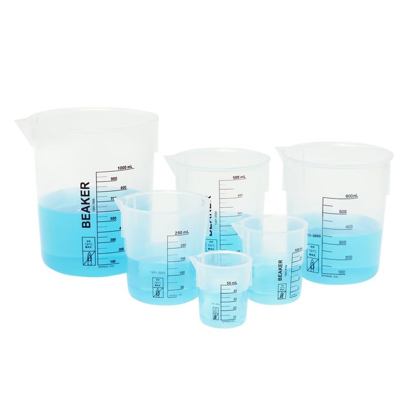 ULAB Scientific stackable graduated plastic beaker set, 6 sizes 50ml 100ml 250ml 500ml 600ml 1000ml, with easy-to-read printings in black, UBP1002 - Image 1